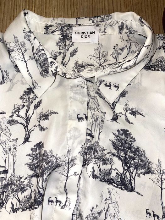 копринена бяла риза на диор dior с дъкъг ръкав сини дървета луксозна