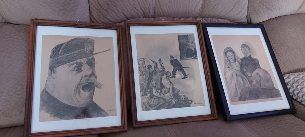 Tablou vechi,grafica, 3 lucrari deosebite,autor Dan Hatmanu.