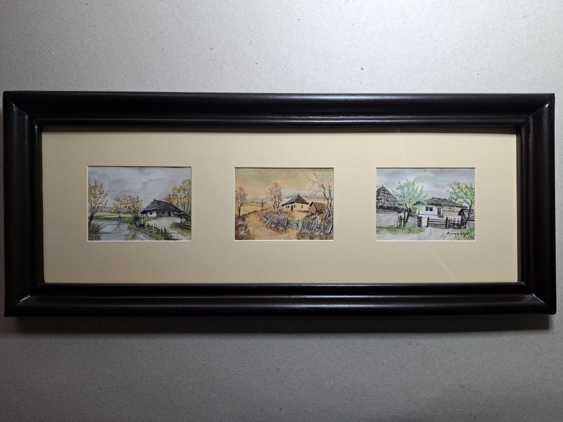 Pictură. Acuarelă "Case țărănești".G.Kușovski.