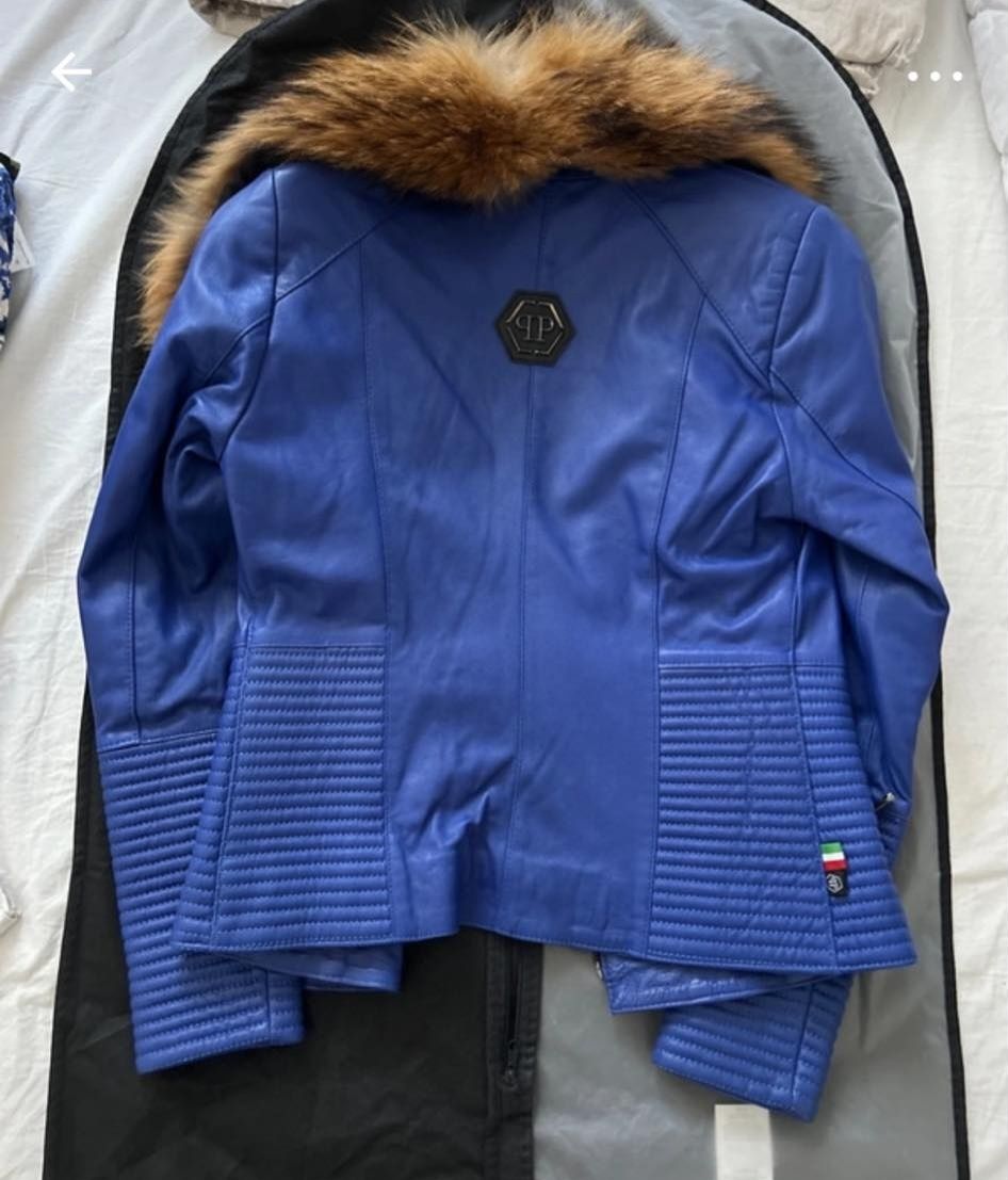 Geaca piele cu guler din  blana naturala Philipp Plein