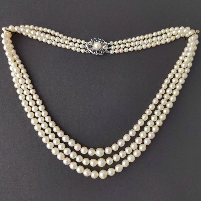 colier vintage 3 randuri perle Akoya, aur 14k, safire, certif.
