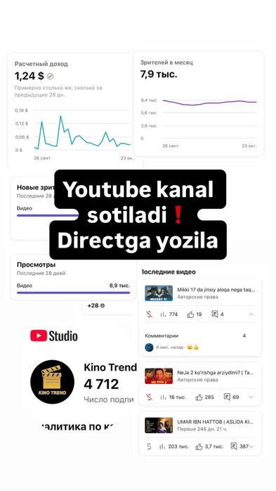 Youtube kanal  Sotiladi nomi Kino Trend