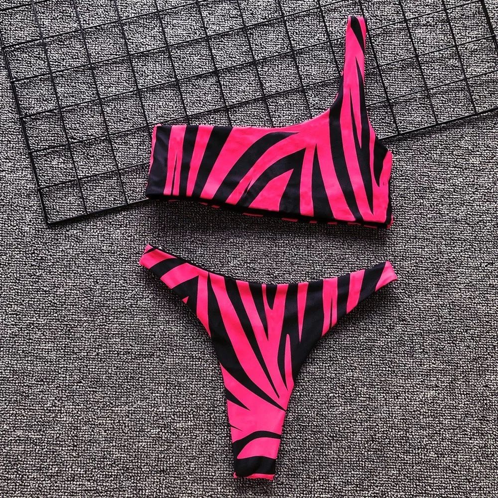 Costum de baie C107 Roz Banda Tanga Brazilian Push Up bretea neon