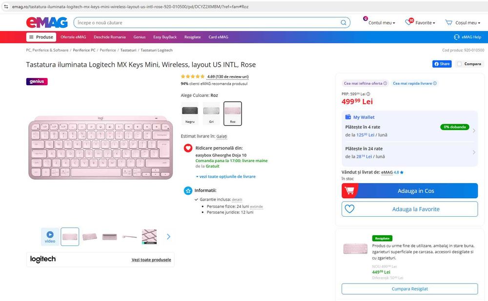 Tastatura Logitech MX Keys Mini, layout US INTL, Rose - SIGILATA
