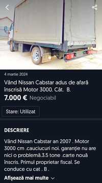 Vând Nissan Cabstar înscris Motor 3000. Sau schimb cu ceva mic Cât.  B