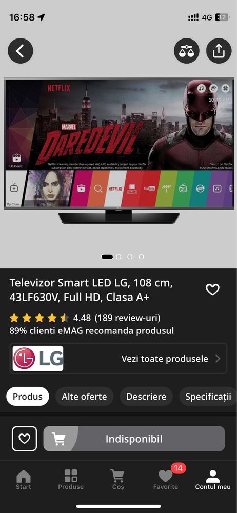 Televizor Smart LED LG, 108 cm, 43LF630V, Full HD, Clasa A+