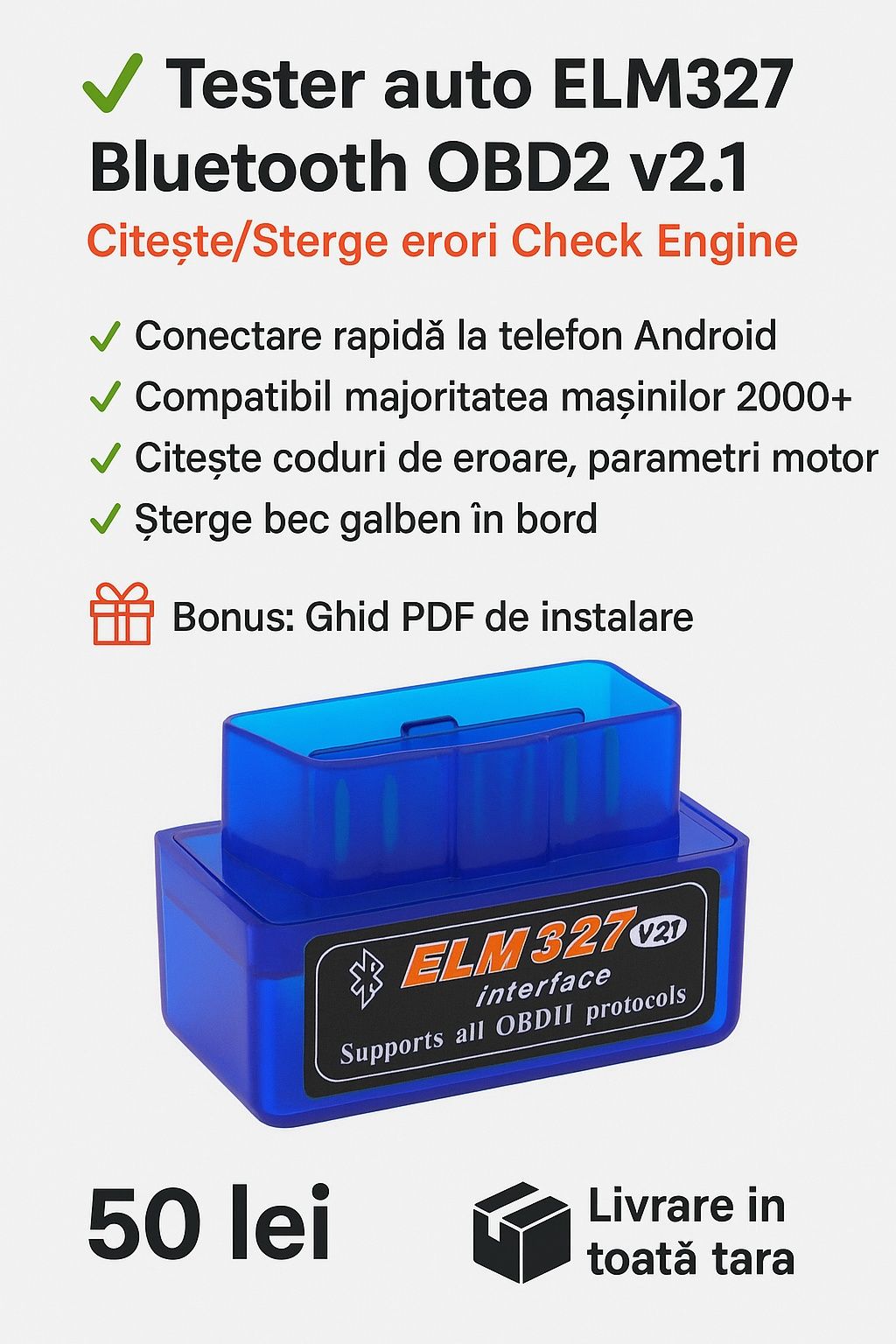 Vând adaptor OBD2 ELM327 V2.1 Bluetooth