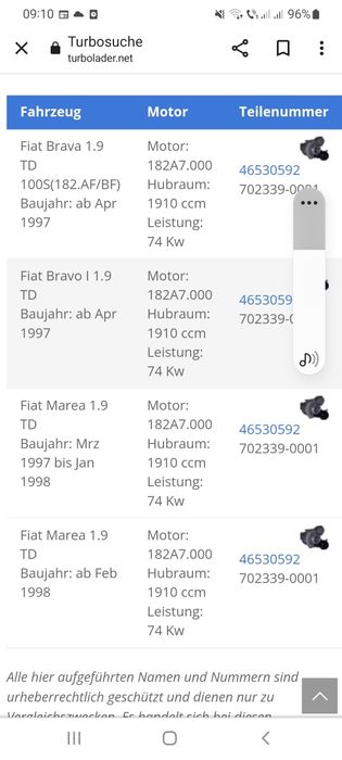 Turbo Fiat Bravo Brava Marea 1.9D 74kw 1997-1998