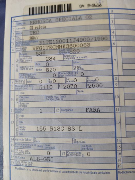 Rulotă TEC, ușoară 536 kg