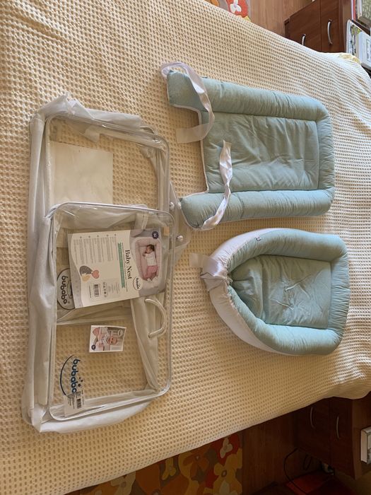 Bubaba - Baby Nest cu  doua fete, alb cu verde | set pentru gemeni