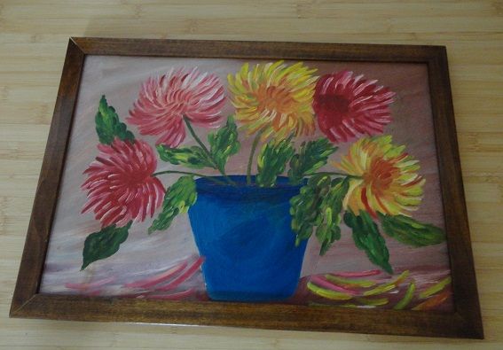 tablou vaza cu crizanteme rama stejar lacuit