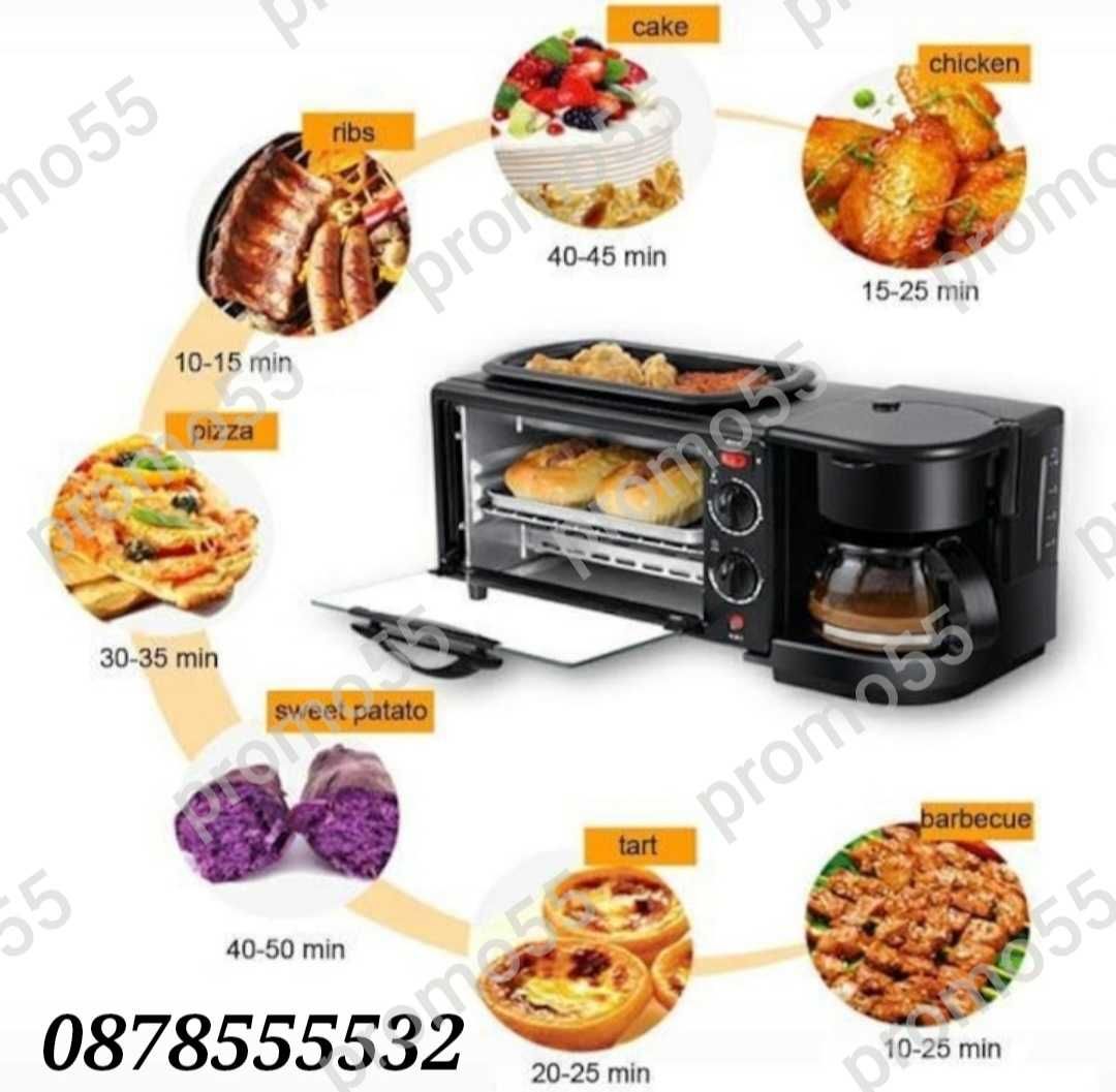 Мултифункционална Мини Фурна с Таймер 2800W 3В1 Грил плоча, Кафемашина