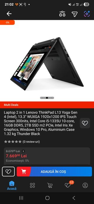 Laptop Lenovo Thinkpad yoga 13.3", 16 GB ddr5, ssd 512, touchscreen,
