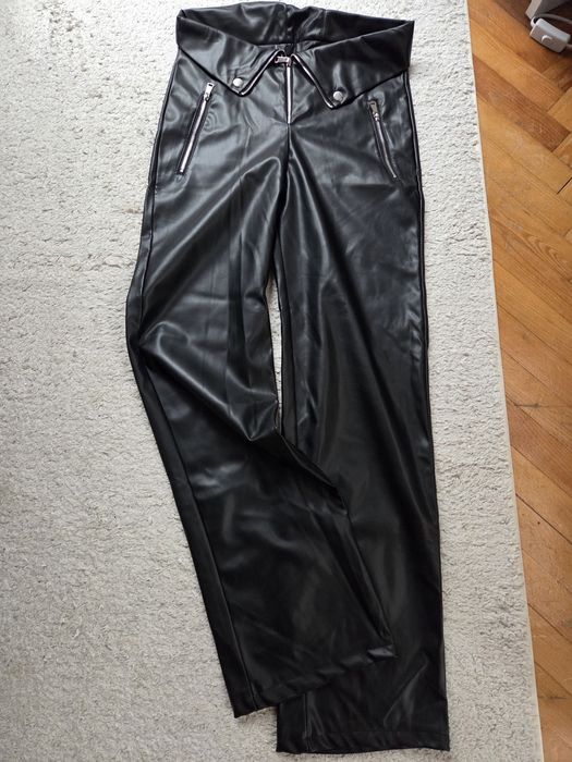 Черен кожен панталон,ватиран