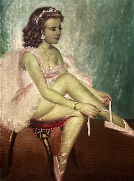 BALERINĂ -Frumos tablou f VECHI, ulei/panza, semnat Peste 80x60cm cu R