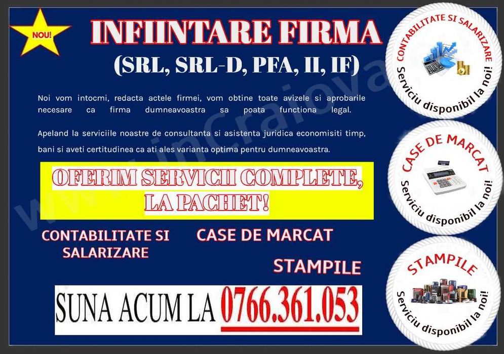 INFIINTARE FIRMA RAPID - Craiova, Filiasi, Calafat, Bailesti, Dabuleni