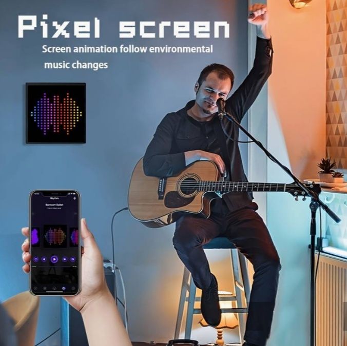 Екран с пиксели - декорация, часовник, музика, лампа