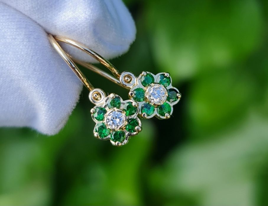 Cercei aur galben 14k diamante și tsavorite naturale