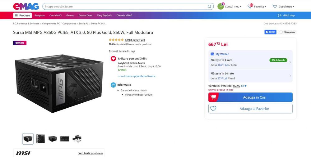 Sursă MSI MPG A850G – 850W, Full Modulară, 80 Plus Gold, nouă