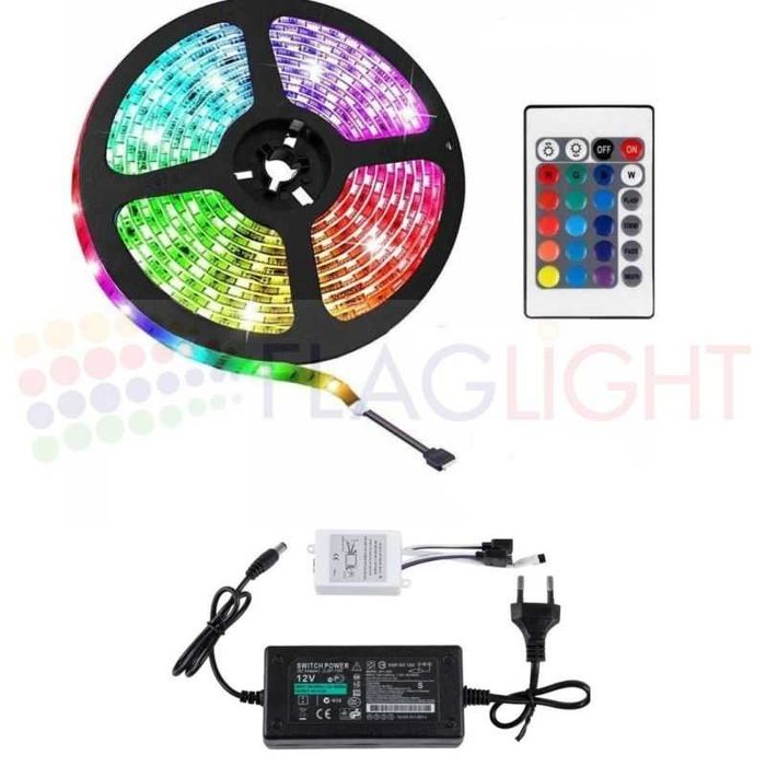 RGB Лед лента 5050 Многоцветна 5м с дистанционно и захранване