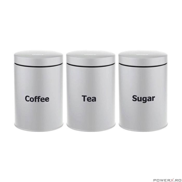 Set de 3 recipiente pentru cafea, zahar si ceai, din otel, alb, 11,5 x