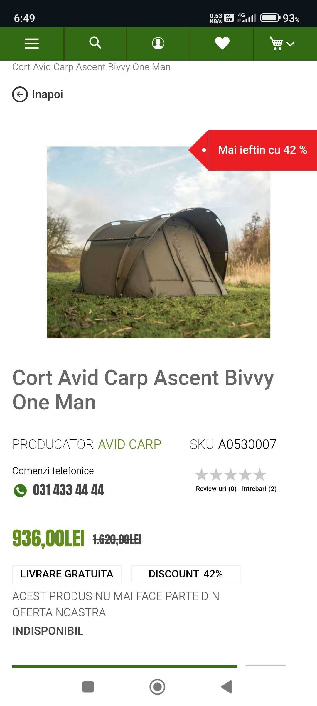 Cort Pescuit Avid Carp Ascent Bivvy One Man + Overwrap winter