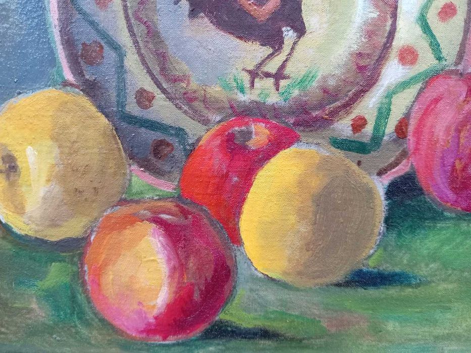 Tablou vechi - natura statica cu mere - semnat Marcel Olinescu