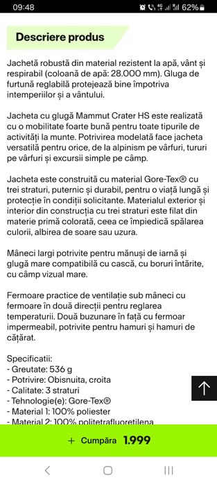 Mammut,  Jacheta de Dama  cu glugă crater hs,  disponibil Mărimea L