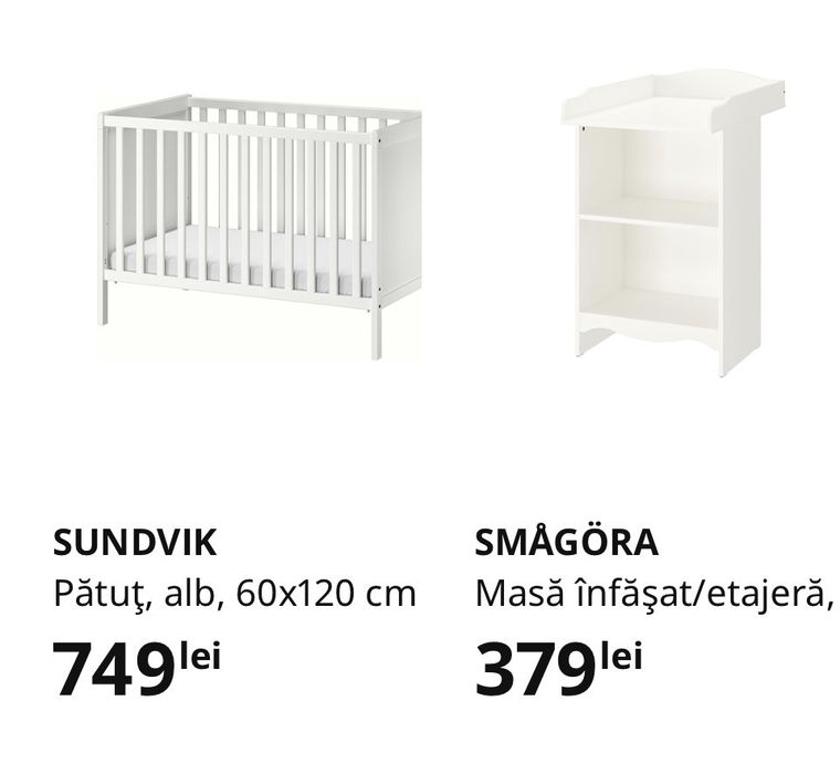 Set bebeluș IKEA: pătuț, masă înfășat și saltele + bonusuri