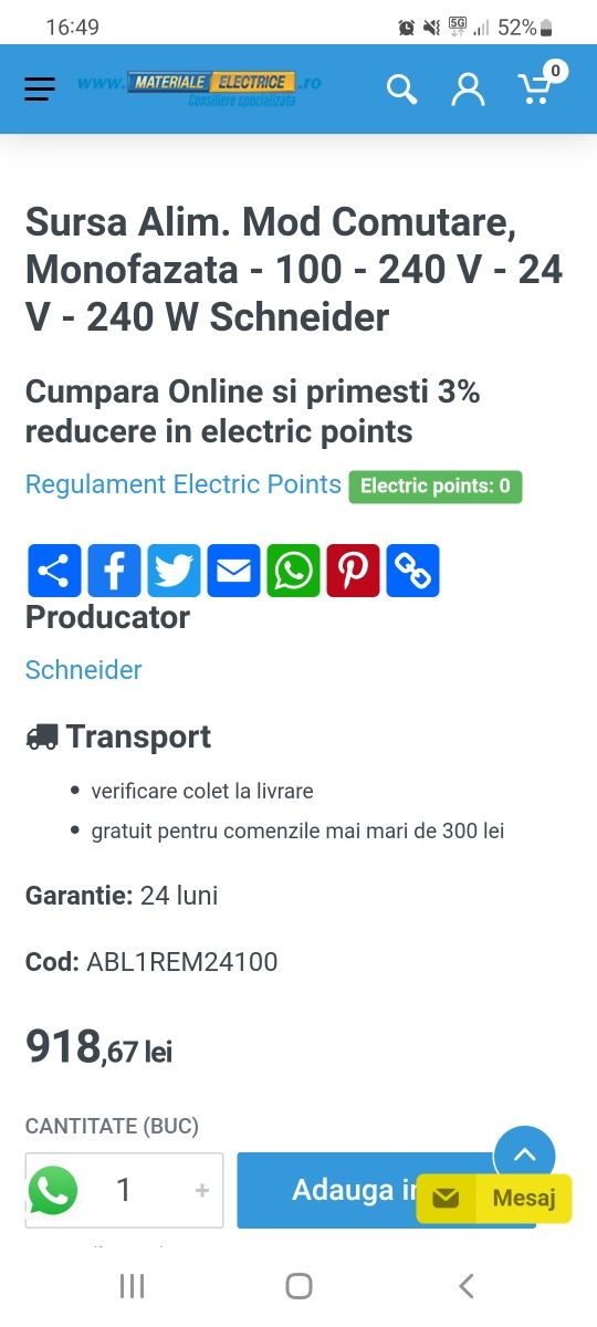 Sursa alimentare Schneider industriala 24v-10A