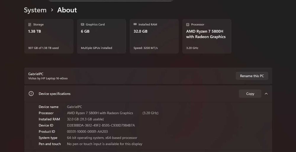 Laptop Hp Victus 16 inch RTX3060 Ryzen 7 32GB RAM
