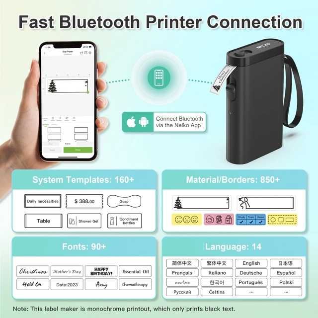 Imprimanta termica etichete NELKO Bluetooth cu cablu USB-C si etichete