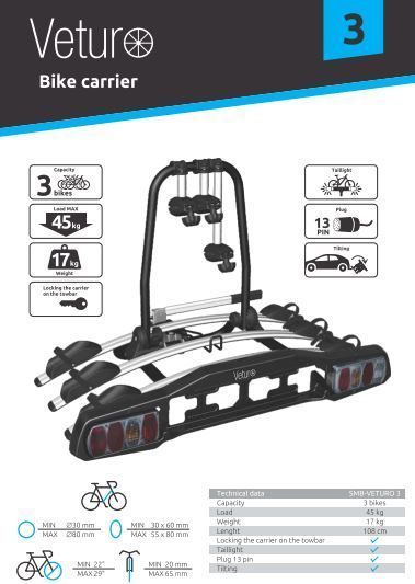 Suport 3 biciclete Veturo 3, prindere pe carlig remorcare