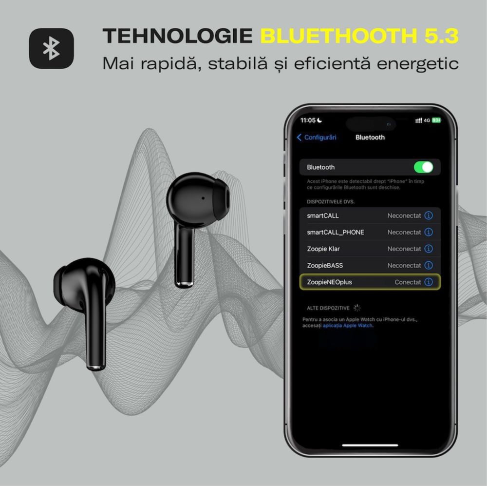 Casti wireless bluetooth, Zoopie® NEOplus, audio, in ear, fara fir