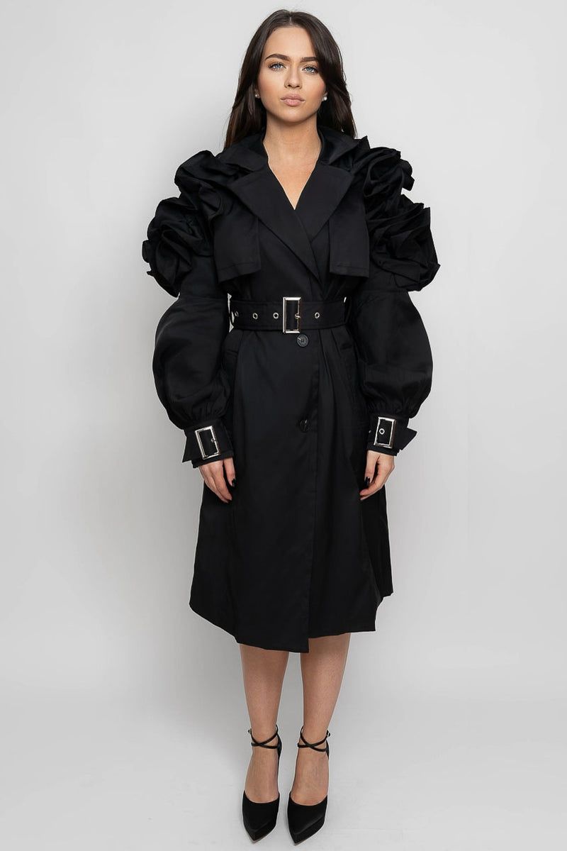 Sierra Darien RUFFLED TRENCH COAT M/L - negru