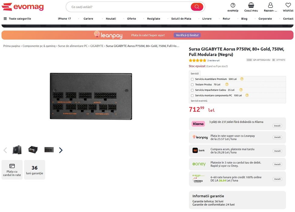 Sursa Modulara Gigabyte AORUS P750W Aproape noua.
