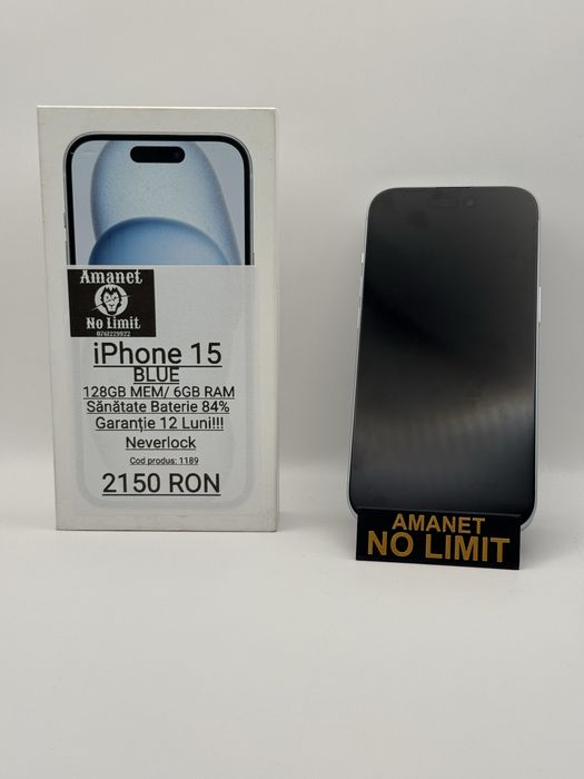 iPhone 15 Blue 128GB Baterie 84% , Garantie 12 Luni AMANET NO LIMIT.