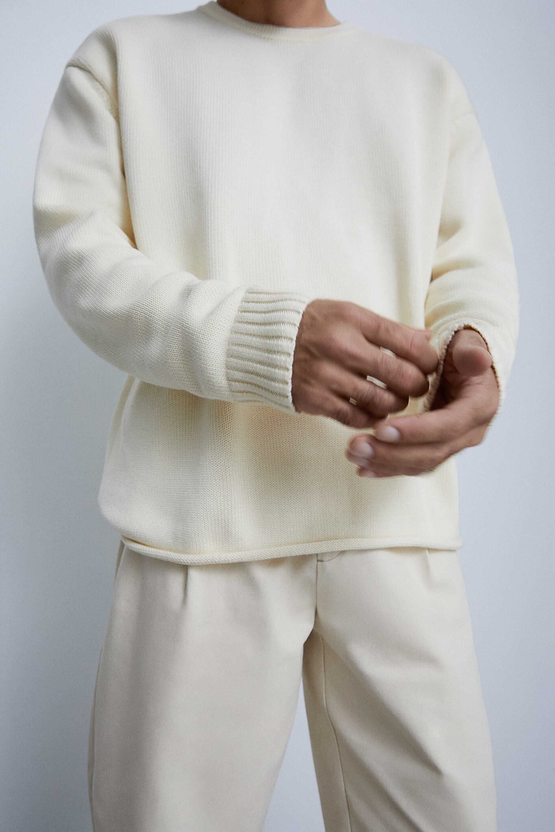 Мъжки плетен пуловер Zara, Oversize, 100% памук, Мръснобял, XL