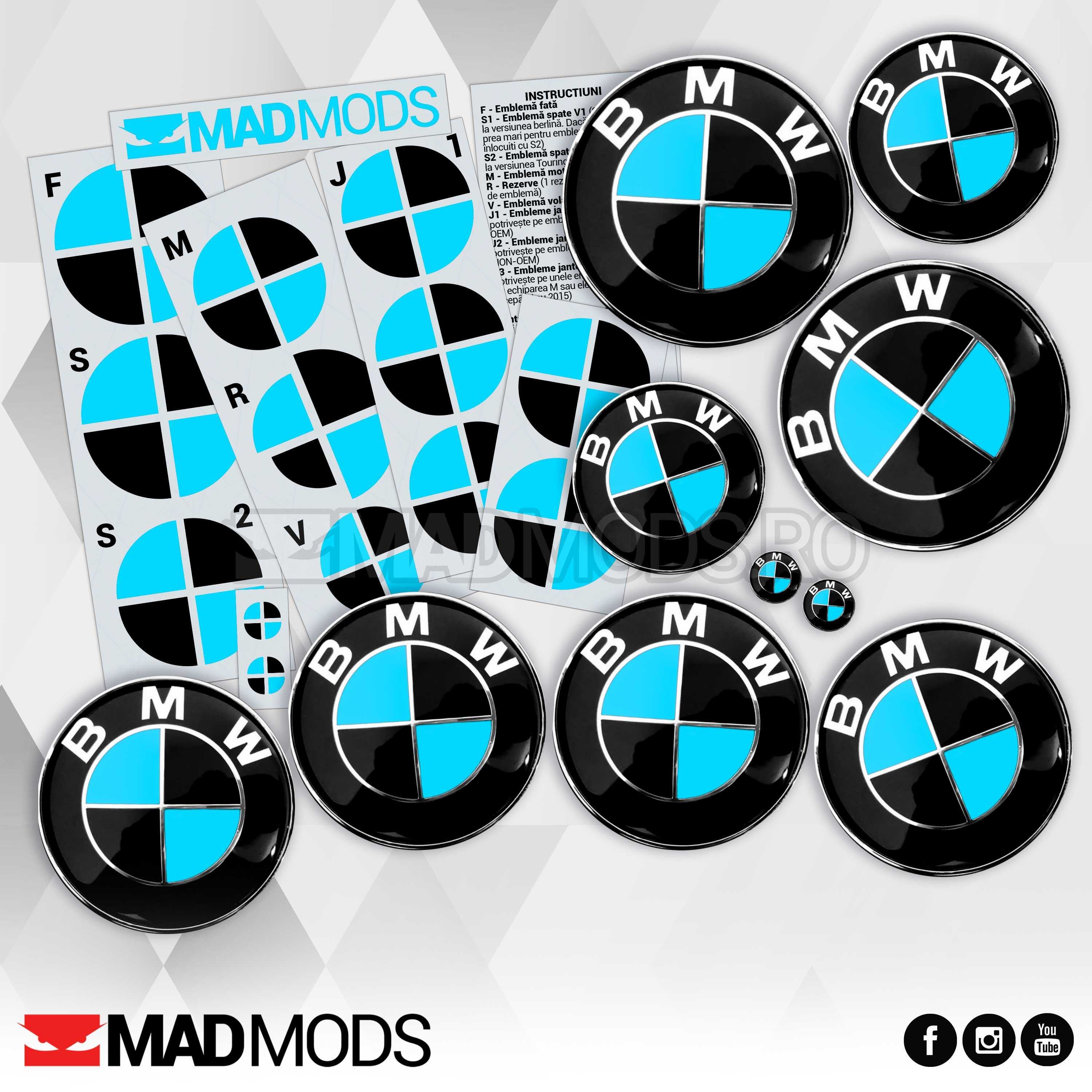 Set Stickere Embleme Negru cu Albastru BMW Seria 1 2 3 4 5 6 7 8 X i M