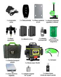 Set Nivela laser profesionala HILDA 4D 16 linii, laser verde 2 baterii
