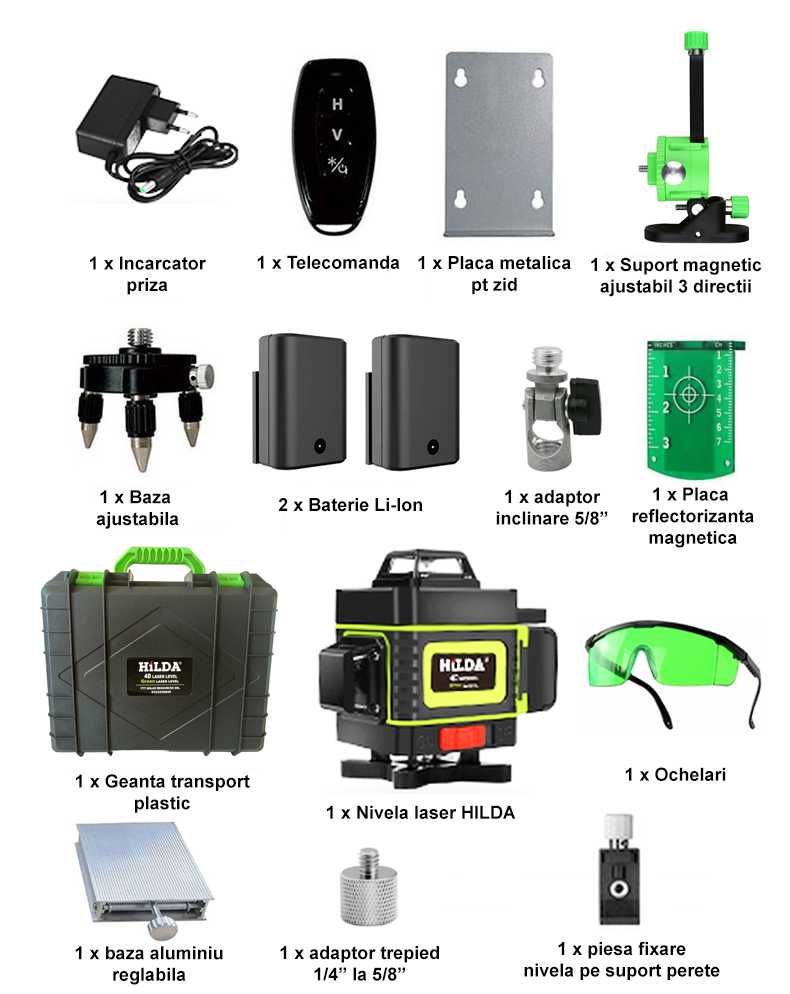 Set Nivela laser HILDA 4D 16 linii, laser verde, 2 baterii