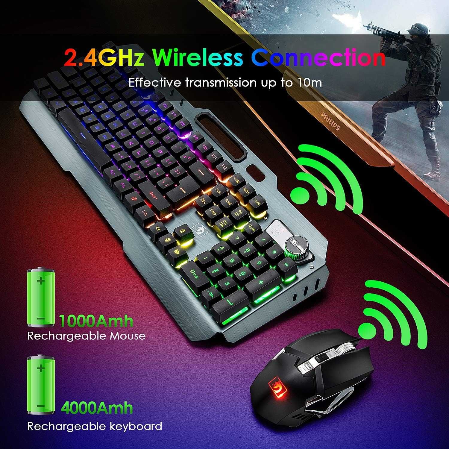 Mambasnake Tastatură mouse Wireless Gaming LED RGB,senzatie mecanica