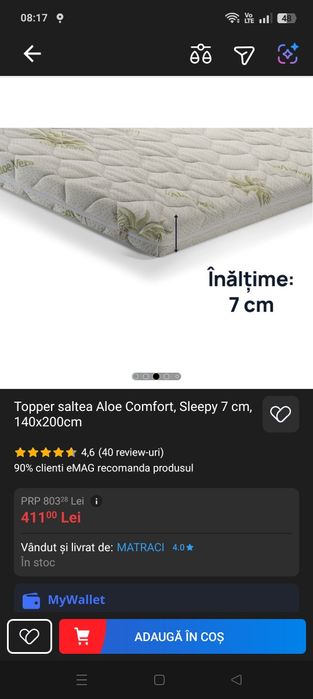 Topper saltea Aloe Comfort, Sleepy 7 cm, 140x200cm