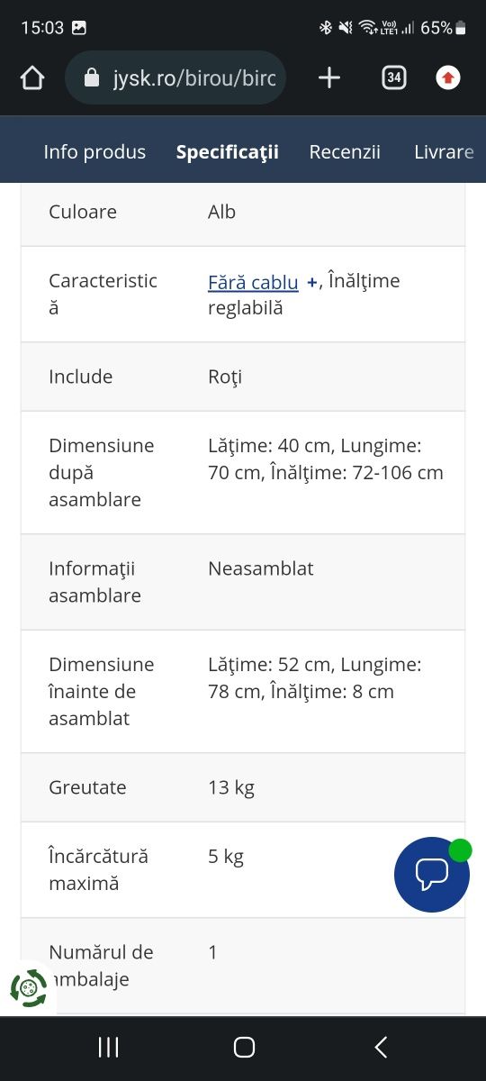 Birou reglabil 70x40 alb jysk