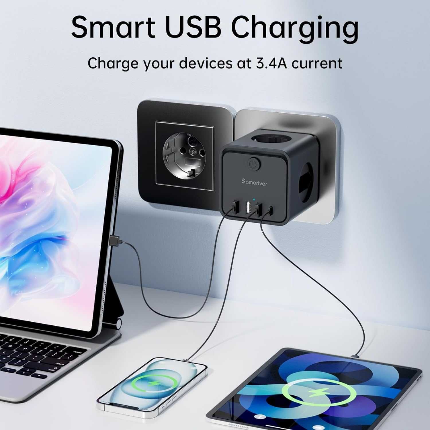 ПРОМО Нов Разклонител Куб с 3 Гнезда х 16А и 4 USB порта с Гаранция