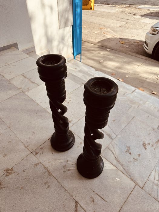 Масивни винтидж свещници от твърдо дърво – 63 см, датски