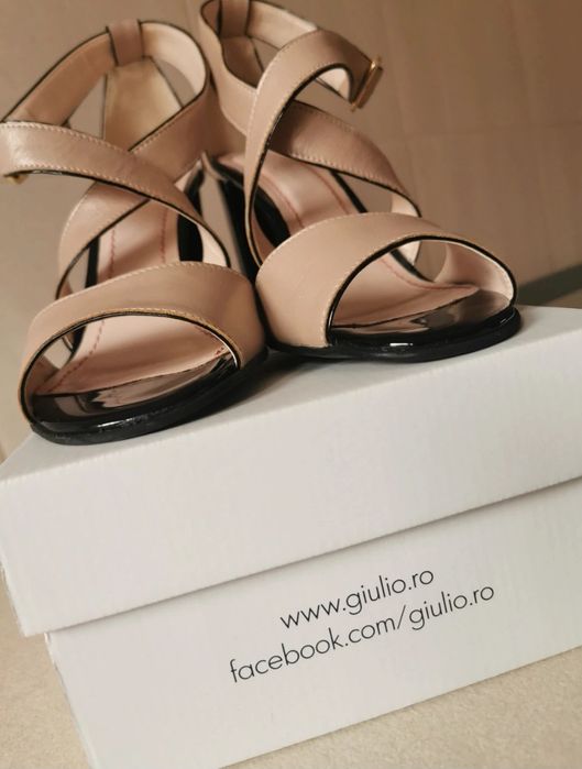 Sandale GIULIO crem /bej/ nude + negru piele naturala