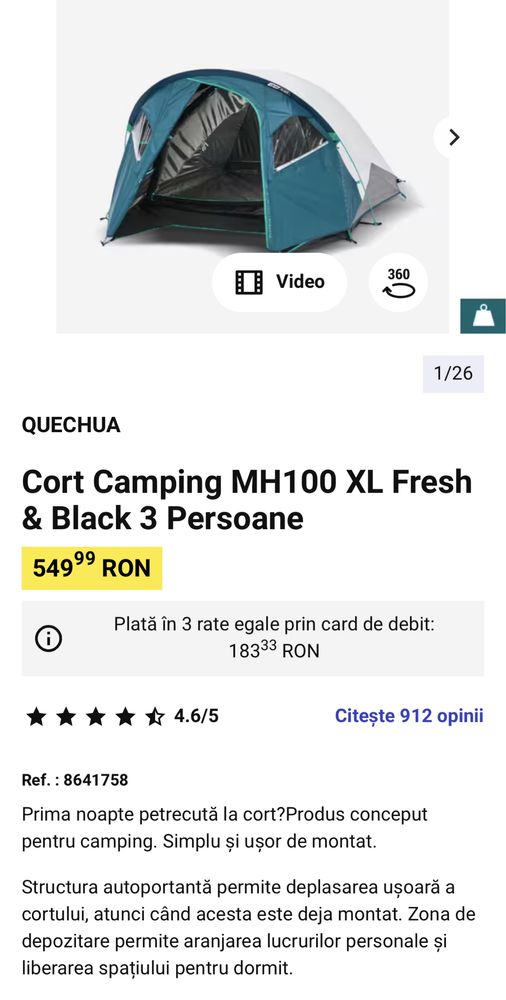 Cort Camping MH100 XL Fresh & Black 3 Persoane nou