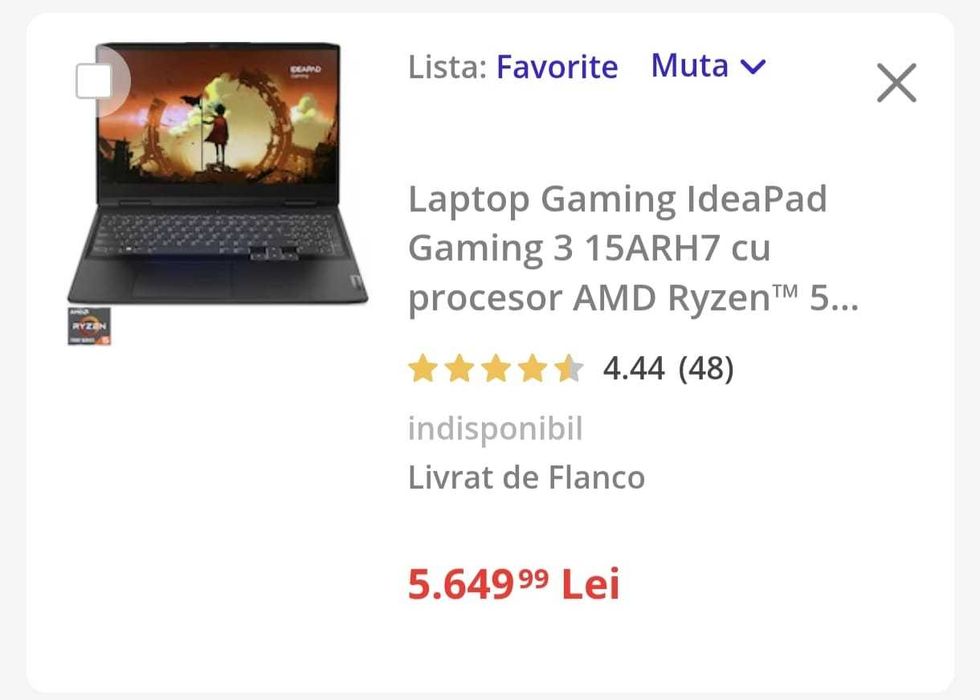 Laptop Lenovo IdeaPad Gaming 3 15ARH7 cu procesor AMD Ryzen™ 5 7535HS