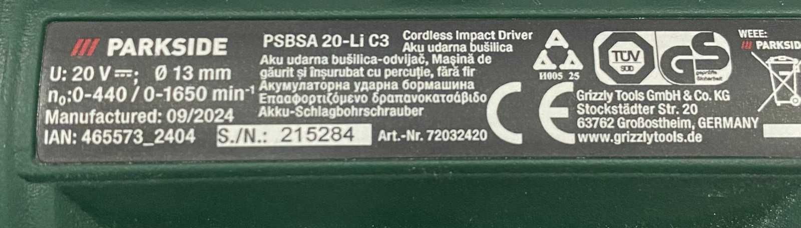 PARKSIDE 3 в 1 Акумулаторна дрелка PSBSA 20-Li C3